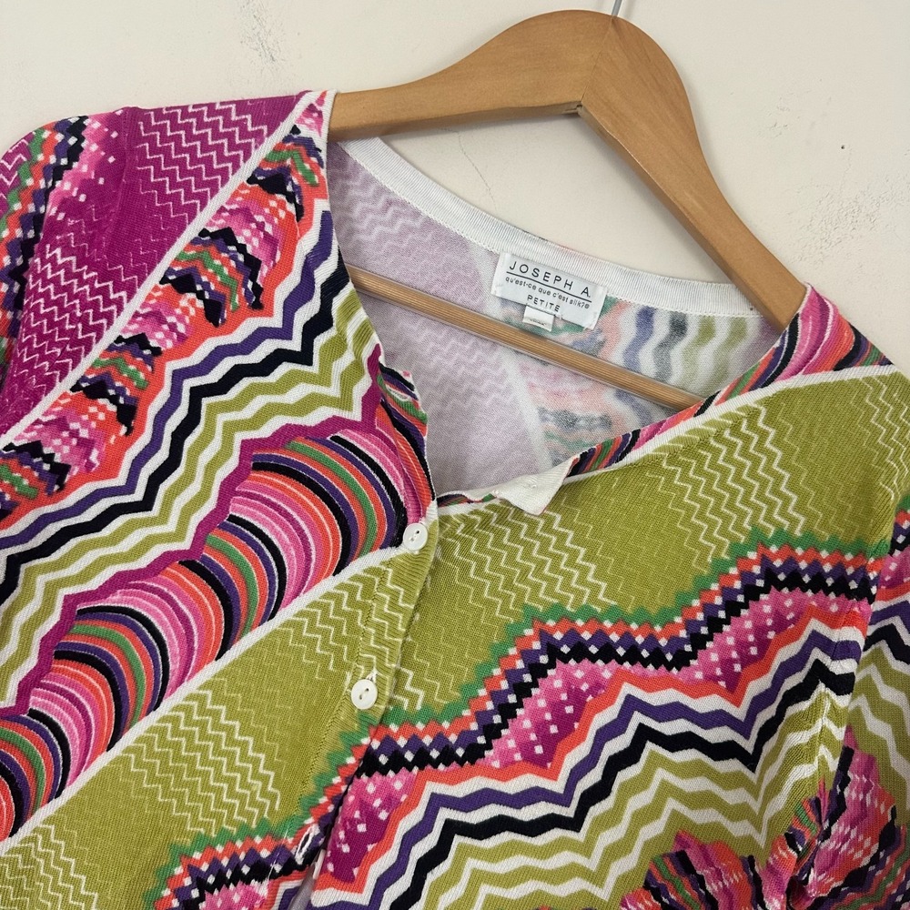 Joseph A. Cardigan Sweater Green Pink Boho Eclectic Artsy 3/4 Sleeve Zigzag PS